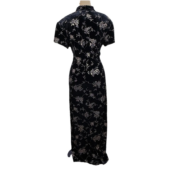 Black Velvet Floral Maxi Dress Mandarin Collar Asian Inspired Evening Formal 16 - Picture 2 of 14